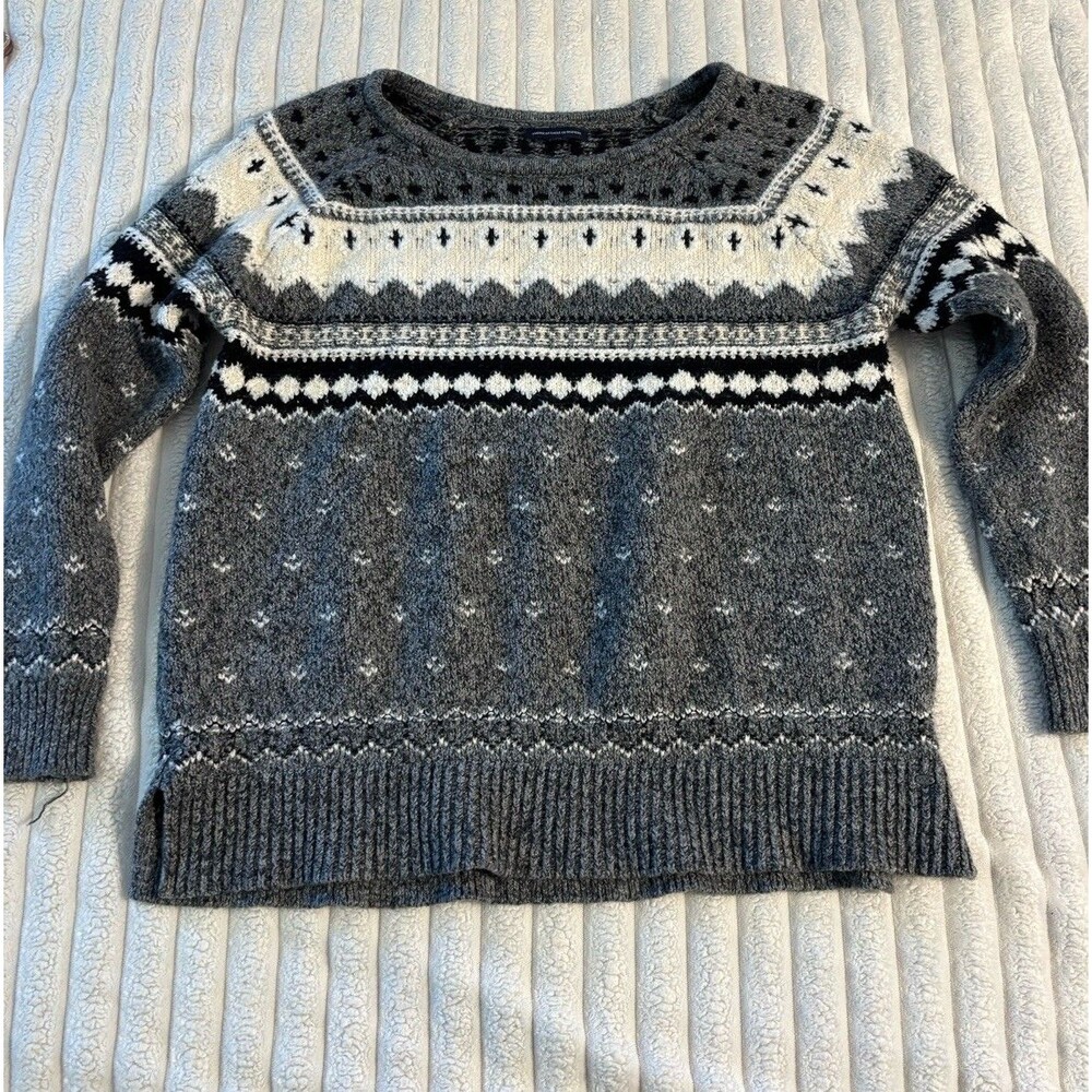 American Eagle Nordic Fair Isle Sweater Women's Sz L Gray Boat Neck Wool Blend